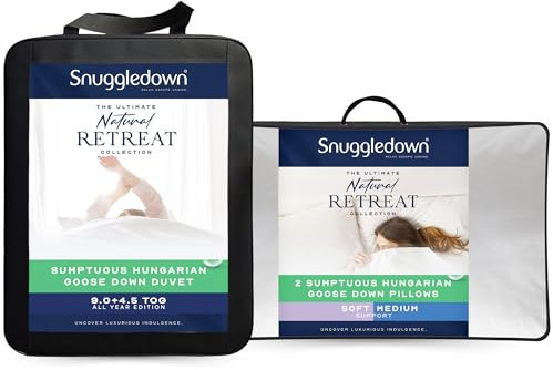 Snuggledown Hungarian Goose Down 13.5 Tog Double Duvet - 4.5 Tog Summer Plus 9 Tog All Seasons 3 in 1 Combination Quilt, 2 Pillows - Jacquard Cotton Cover, Machine Washable, Size (200cm x 200cm)