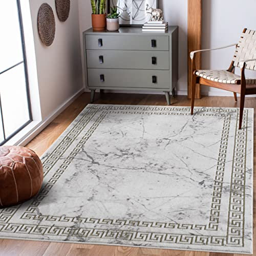 payé Teppich-Wohnzimmer - Beige Gold - 80x150cm - Modern Vintage Muster Bordüre - Marmor Optik - Boho Style Wohnteppich Schlafzimmer Dekoration