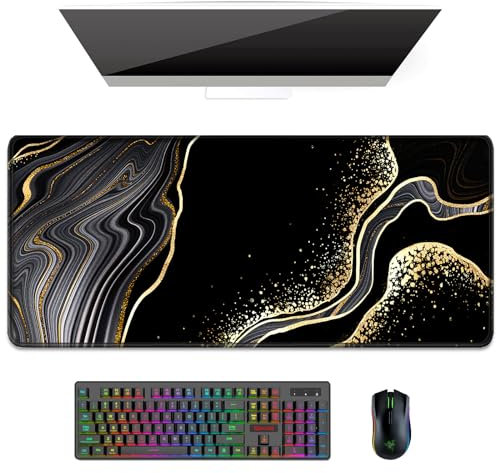 Auhoahsil Desk Pad, XL Extended Large Gaming Mouse Pad 31.5 x 11.8 Inch, Waterproof Mousepad with Stitched Edges, Non-Slip Computer Keyboard Laptop Mat for Women Men Office Work, Black Gold River