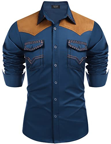 COOFANDY Men's Western Cowboy Shirt Embroidered Long Sleeve Slim Fit Casual Cotton Button Down Hippie Shirts with Pockets, Blue, Medium
