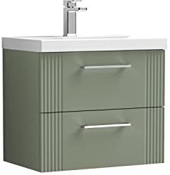 nuie DPF893D Deco Modern Bathroom Wall Hung 2 Drawer Part Fluted Vanity Basin Unit with Thin-Edge Ceramic Basin, 600mm, Satin Green