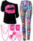 Blulu 80er-Jahre-Kostüm-Set, T-Shirt, geometrische Leggings, Hose, Ohrringe, Halskette, Handschuhe, Armband (stilvoll, groß)