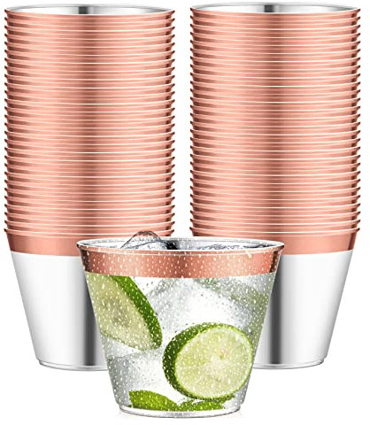 Delamiya 50 Stück Sektgläser Plastik, 255ml Wiederverwendbar Trinkbecher Plastikbecher Mit Goldrand, für Party Hochzeit Geburtstag Strand Picknick Camping
