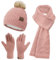Bequemer Laden Damen Winter Warm Mütze Touchscreen Handschuhe und Lang Schal Set mit Dick Fleece Gefütterte, Thermo Wintermütze Strickmütze Beanie Schals Winterhandschuhe Strickhandschuhe, Rosa