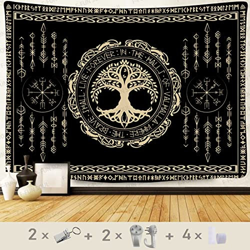F-FUN SOUL Nordic Vikings Wandteppich, 203.2x152.4 cm, weicher Flanell, Wikinger Yggdrasil, Baum des Lebens, keltische Rune, skandinavisch, ästhetisch, Mythologie, Wohnzimmer, Dekor GTZYFS1798