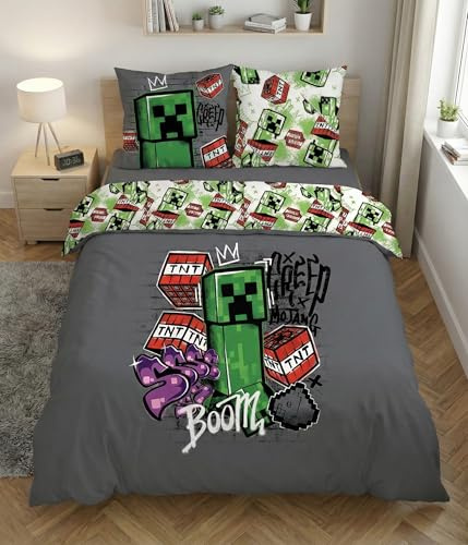 Minecraft Housse de Couette Double Ado 240x220 Metro Art + 2 Taies 63x63 | Parure de lit double ado | Microfibre Oeko-Tex séchage rapide | Graffiti Creeper TNT Pixel | Réversible 2 designs | Gamer