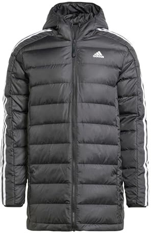 adidas Hombre Essentials 3-Stripes Light Down Hooded Parka, Black, S