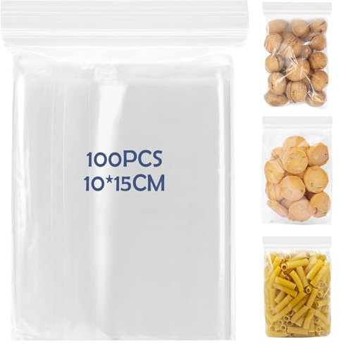 GAOHUI 100Pcs Grip Seal Bags, 10x15cm Clear Plastic Bags, Resealable Small Storage Pouches, Poly Zip Lock Bag for Kitchen Storage, Sweets, Seeds, Jewelry, Snacks
