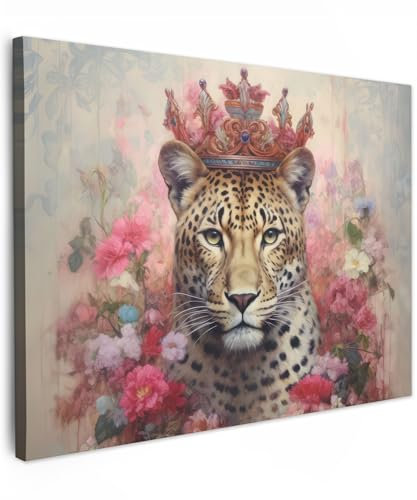 MuchoWow© Impressions sur Toile 70x50 cm Deco Tableau Murale Decoration Salon Peinture Tableaux Chambre Toiles Maison Léopard - Fleurs - Faune - Vintage