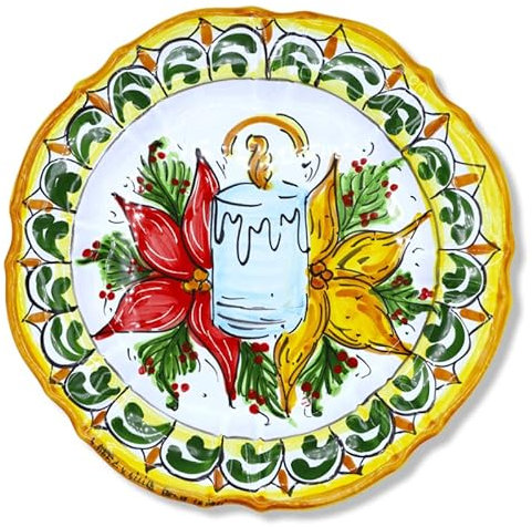 Piatto da Portata in Ceramica Siciliana, Decoro Candela Natalizia, Ø 30 cm ca. MOD NL