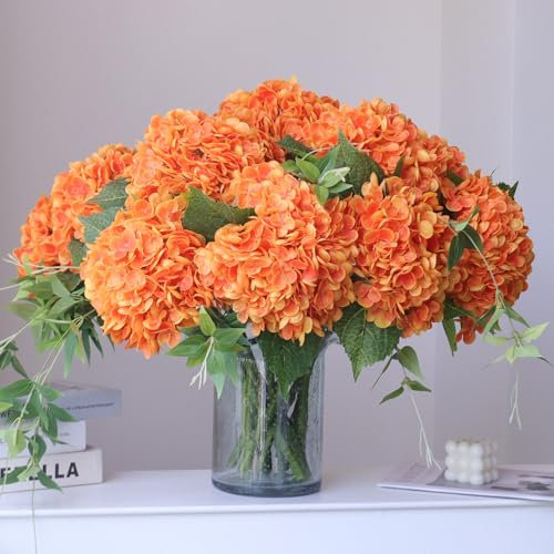 Buart 4PCS Long Stem Big Size Orange Flowers Artificial Silk Hydrangea Lifelike Flowers Real Touch Artificial Flowers Wedding Shower Bride Bouquets Office Living Room Table Decorations (21 Inch)