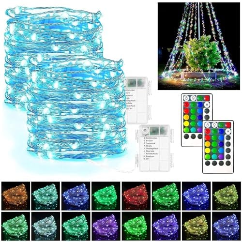 LED Lichterkette,2 Stück 5m LED Lichterkette aus Kupferdraht,50er LED Lichterkette,16 Farbwechsel,Lichterkette Außen Batterie,für Party,Garten,Weihnachten,Halloween,Hochzeit Deko.