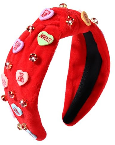 boderier Valentinstags-Stirnband, rot-rosa Herz-Stirnband, mit Schmucksteinen, geknotet, für Valentinstag, Liebhaber, Party, Haarschmuck (rotes Bonbonherz)