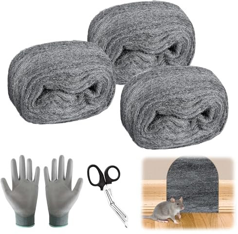 CYIOU 3 Rouleaux Paille de Fer 15M Laine D'acier 000 Réutilisable Laine de Verre Apporter Gants et Ciseaux pour Nettoyage Polissage Trous et Interstices Dans
