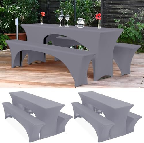 Lumaycens Zwei 3er-Set Biertischhussen 220 x 50 x 70cm, hussen bierzeltgarnitur, hellgrau, Stretch-Bezüge für Biertisch-und Bankgarnituren, Bierbankhussen, Spandex-Bierzeltgarnitur für Bankett