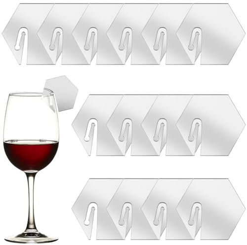 SUNNYCLUE 1 BOX 20PCS Silver Acrylic Drink Markers Wine Glass Name Tags Mirror Hexagon Party Stemless Glasses Name Tag Blanks Identifiers for Identification Wedding Birthday Christmas Family Party