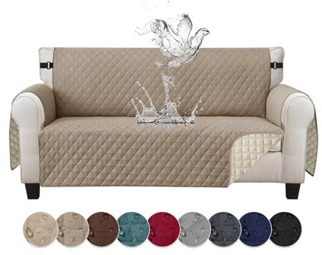 Jaotto Sofabezug 3 Sitzer wasserdichte Sofa Überzug mit Armlehnen Antirutsch Sofaschoner Sofaüberwurf Reversible Gesteppte Couch überzug für Haustiere Katzen Hunde,Khakifarbe
