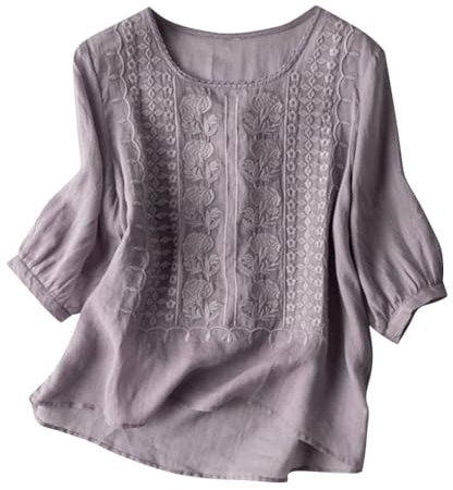 ORANDESIGNE Camicia Donna Estiva Bluse Elegante Girocollo Manica 3/4 Cotone Lino Camicia Ricamo Maglietta Estiva Casual retrò Shirts Tops Camicie Lino T-Shirt A Viola L