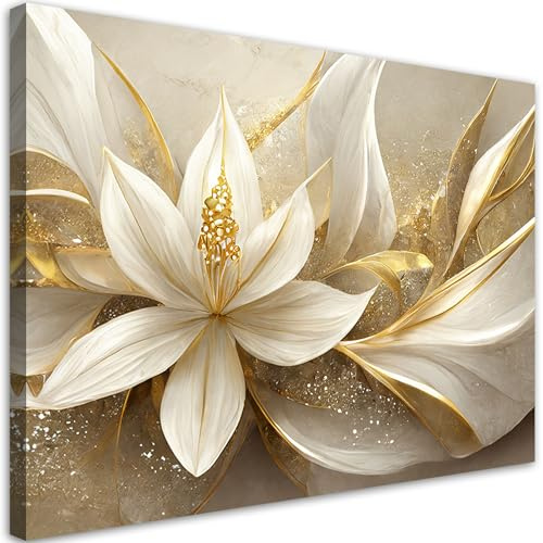 Feeby Leinwand Bilder - Bild Wohnzimmer - Gold Glamour Blumen 3D - 120x80 1tlg - Deko Schlafzimmer Groß - Dekoration Canvas - Gemälde - Modern Wandbilder - Kunstdruck