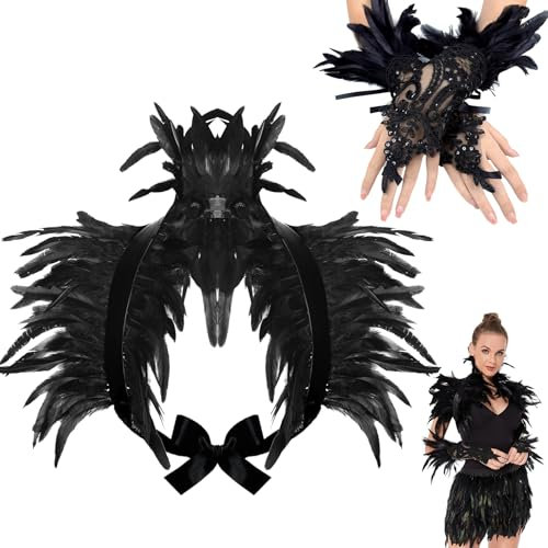 Huahuanghui Federn Schwarz Gothic, Damen Feder Manschetten, Gothic Natürlicher Federschal, Feder Handschuhe Schwarz, Federkragen, Federkragen, zum Halloween Karneval Masquerade Cosplay