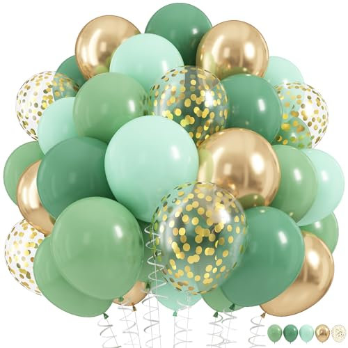 Sage Green Balloons Set, 60Pcs 12 Inch Olive Macaron Pastel Green Balloons with Metallic Confetti Gold Jungle Latex Balloon for Birthday Party Woodland Safari Baby Bridal Shower Decorations Supplies