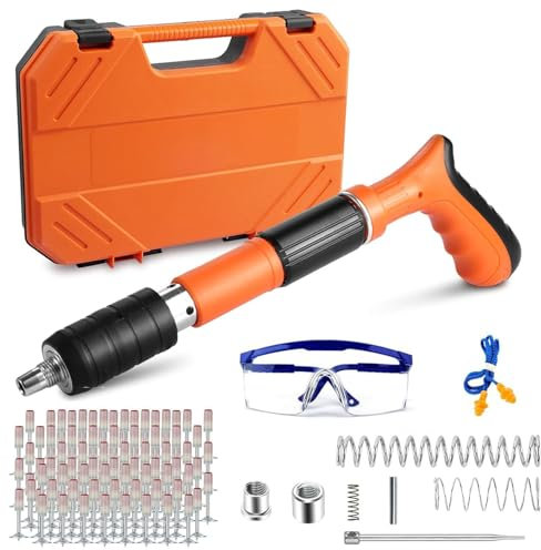 TOOSOAR Pistolet A Clou avec 200 Clous Ronds,5 Engrenages Réglable Double Silencieux,Outil de Fixation Murale pour Mur en Ciment
