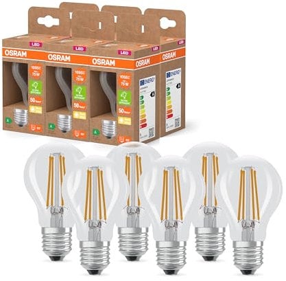 Osram LED Superstar Classic LED-Lampe A 75 in klassischer Kolbenform, klarer Glaskörper, 5 W, 1055 lm, E27 Fassung, 2700 K für warmweißes Licht, EEK A, 60 mm Durchmesser, 6-Pack