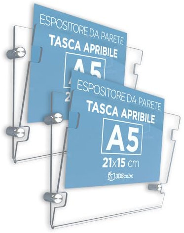 2 expositores de metacrilato de pared con bolsillo abatible, porta avisos y folletos formato A5 horizontal 21 x 15 cm, con espaciadores de aluminio cepillado, para anuncios, carteles, horarios de