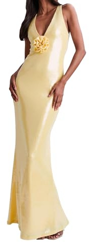 OULIWANGLUO Damen dreidimensionale Blumen Lange Abendkleid Pailletten Elegant Hochzeit Cocktailkleid Schlitz Partykleid Maxi Kleider (Hellgelb,S)