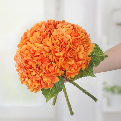 Kmise Hydrangea Artificial Flowers, 22” Real Touch Lifelike Latex Hydrangeas, Large Faux Hydrangea for Home Decor Wedding Bouquets, Orange, 3pcs