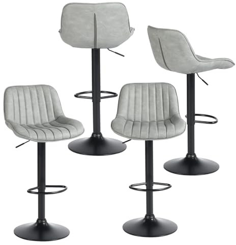 MEUBLE COSY Tabourets de Bar Lot de 4 Vintage Chaise Haute Cuisine Hauteur réglable Siège Pivotant 360° avec Dossier et Repose-Pieds, en Similicuir et Métal, Gris