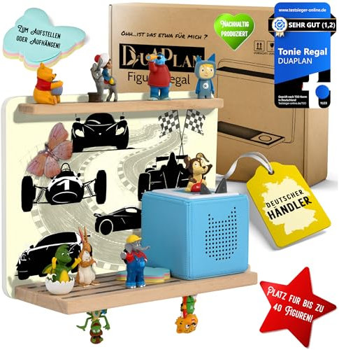 DUAPLAN® Kinder-Regal für Toniebox & bis zu 40 Figuren – Rennstrecke Beige, Magnetisch, Plastikfrei, Zum Hinstellen oder An der Wand, Stabil, Platzsparend, Perfekt für kleine Rennfahrer und Auto-Fans