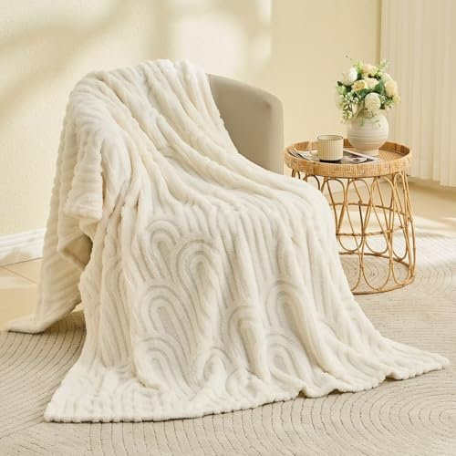 Wajade Couverture Plaid Polaire Super Chaude, Plaid Fausse Fourrure Haute Qualité, Couverture décorative Florale, Ultra Douce et Duveteuse,white-127cmx178cm