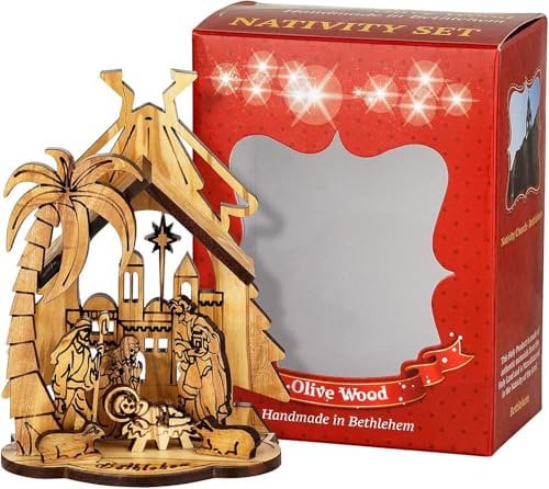 Handgefertigte Mini-Krippe aus Olivenholz, traditionelle Weihnachtskrippe aus Bethlehem, perfekte Tischdekoration, handgefertigt im Heiligen Land, ca. 9 x 12,5 x 5 cm