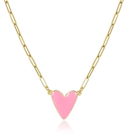 Candyfancy Collana da donna a forma di cuore smaltato, in acciaio inox placcato oro, con ciondolo a forma di cuore, 45 + 5 cm, viola, blu, bianco, nero, rosa, ciondolo a forma di cuore, Acciaio