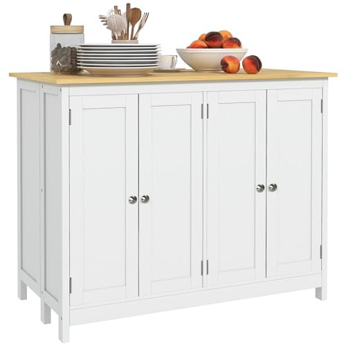 HOMCOM îlot Central de Cuisine avec 2 tabourets, Ensemble Table et Tabouret de Bar, avec 2 armoires, Rangement et Plan de Travail Rabattable, 4 Portes, Design Moderne, Blanc