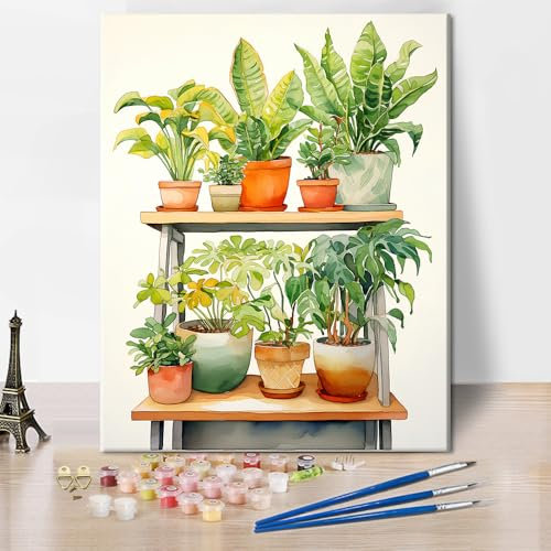 TISHIRON Peinture verte par numéros pour adultes plantes d'intérieur dans des pots sur l'étagère DIY Kits de peinture par numéros sur toile Peinture à l'huile par numéros 40,6 x 50,8 cm
