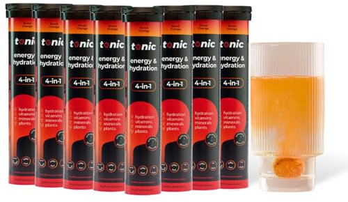 Tonic Health Energy and Hydration Tablets - 15 Vitamins, Minerals, Plants with Panax Ginseng, No Sugar Effervescent Multivitamins - Rehydration Electrolytes Tablets, Blood Orange 160 Count