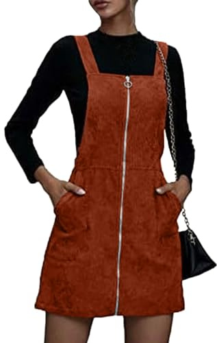 Latzkleid Damen Cord Minikleid Verstellbares Hosenträger Latzrock Cord Elegant Frühlingskleid Kurz Latzkleid Frauen mit Reissverschluss und Taschen Overallkleid Quadratischer Kragen A Linie