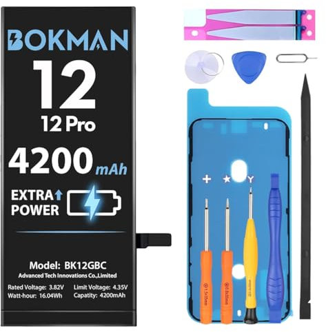 bokman Batterie pour iPhone 12/12 Pro, 4200mAh Haute Capacité Batterie Lithium ION avec Outils de réparation