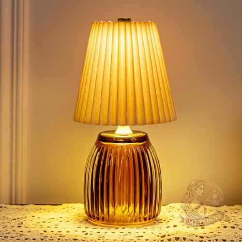 MJ PREMIER Cordless Lamps, Small Battery Operated Lamp Timer, Glass Battery Powered Lamps with Beige Pleated Lamp Shade Modern, Table Centerpiece for Living Room/Bedroom/Tabletop/Entryway (Beige)