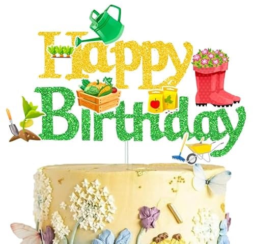 Garden Birthday Party Cake Topper Green Glitter Happy Birthday Cake Topper Gardening Tool Theme Decorations for Gardening Spring Theme Birthday Party Supplies