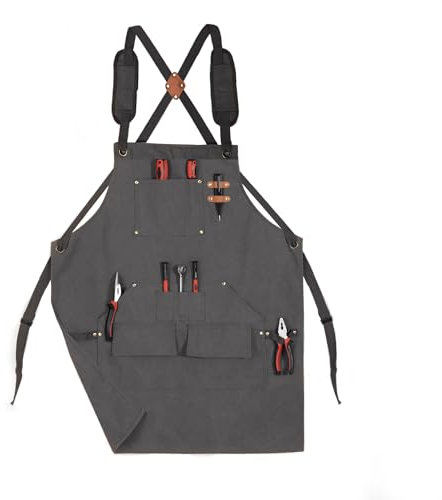 Tosewever Work Aprons for Men with Large Pockets, Canvas Cross Back Heavy Duty Adjustable Tool Aprons for Chef Cooking BBQ (Grey)