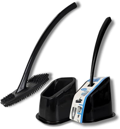 bideo® Silikon Toilettenbürste schwarz im 2er-Set – WC Bürstengarnitur mit Halter & Abtropffunktion – 360° Flexible Noppen für Randreinigung & Abfluss – WC Bürste schwarz