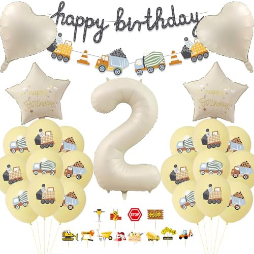 ALEGRE Bagger Geburtstag Deko 2 Jahre, Baustellen Deko 2. Geburtstag Junge, Geburtstagsdeko 2 Jahre Set mit Bagger Luftballon,Tortendeko,Happy Birthday Girlande, Baustellen Deko Kindergeburtstag Party
