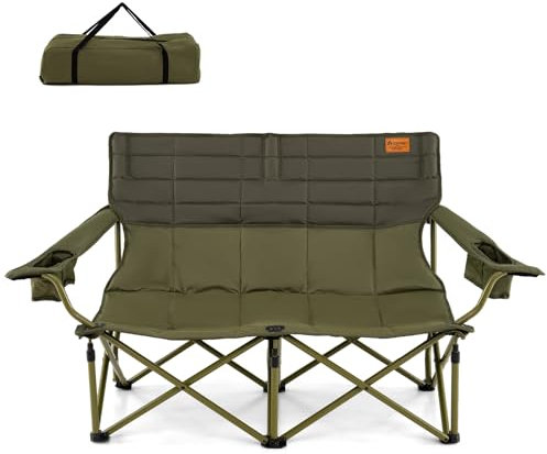 COSTWAY Campingstuhl für 2 Personen, Klappstuhl mit verstellbaren Armlehnen, Getränkehaltern & Tragetasche, 272 kg Tragfähigkeit, Campingsofa klappbar, Faltsofa Angelstuhl für Camping, Picknick (Grün)