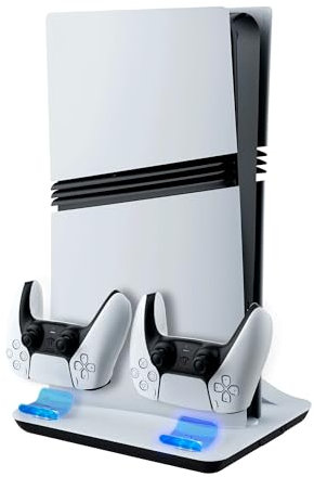 Mcbazel Support de Refroidissement et Station de Charge pour Console PS5/PS5 Slim/PS5 Pro avec Ventilateurs à Vitesses Multiples et Lumières LED, Chargeur Double Manette, Base Editions Disque/Digitale