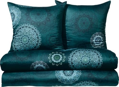 Erwin Müller Bettwäsche Sparpaket 4-TLG. Mako-Satin Mandala Petrol Größe 80x80 cm / 155x220 cm - feinfädig, temperaturausgleichend, atmungsaktiv, 100% Baumwolle, mit Reißverschluss