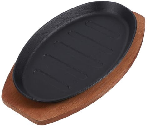 GALPADA Sizzling Platter Cast Iron Grill Plate with Wooden Base 12 Inches Authentic Grill Marks Multipurpose Sizzling Plate for Indoor and Outdoor Barbecue
