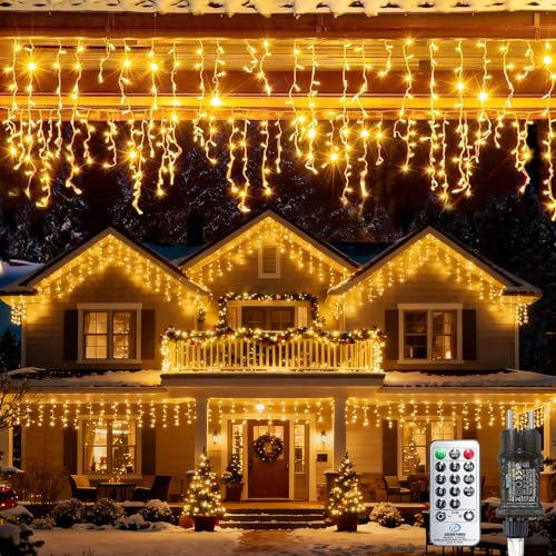 Bowfar Eisregen Lichterkette Außen, 20M 800LED Lichterkette Weihnachten mit Fernbedienung und Memory-Funktion, Warmweiß Wasserdicht Weihnachtsbeleuchtung Fenster für Balkon Party Haus Geländer